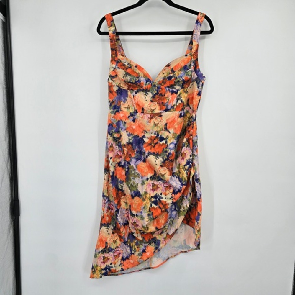 Cider Floral Bustier Mini Dress Large Orange Purple Blue Asymmetrical Tulip Hem